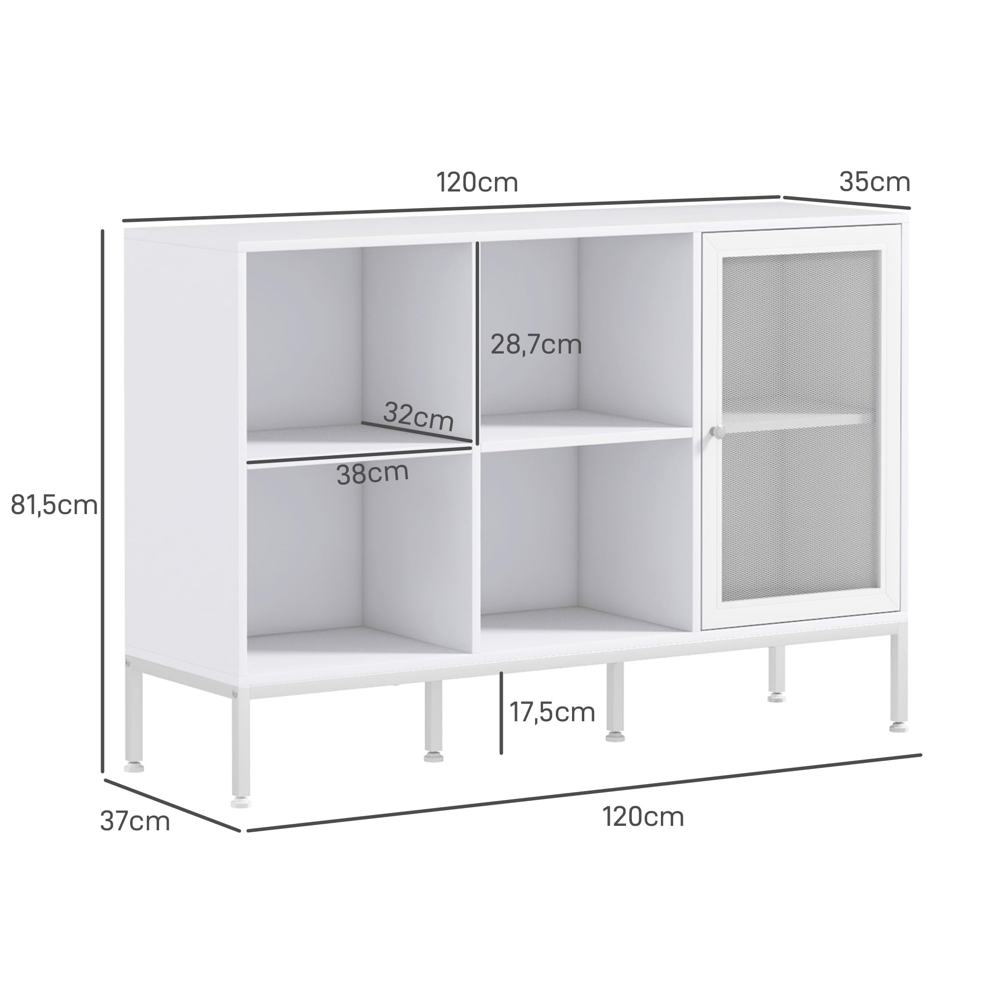 HOMCOM Aparador de Cocina Mueble Aparador con Puerta de Malla 4 Compartimentos Abiertos y Estante Ajustable Mueble de Cocina Moderno Bueffet para Salón Comedor 120x37x81,5 cm Blanco
