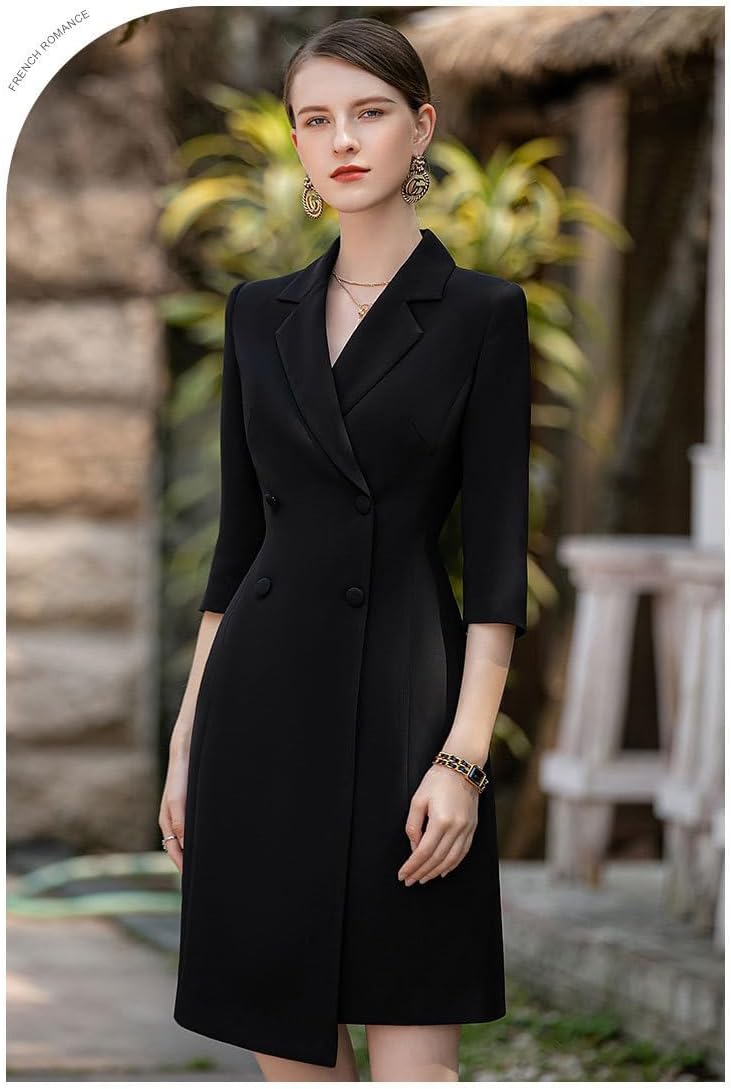 Women's 3/4 Sleeves Summer Blazer Notch Lapel Casual Office Suit Coat (No Belt)