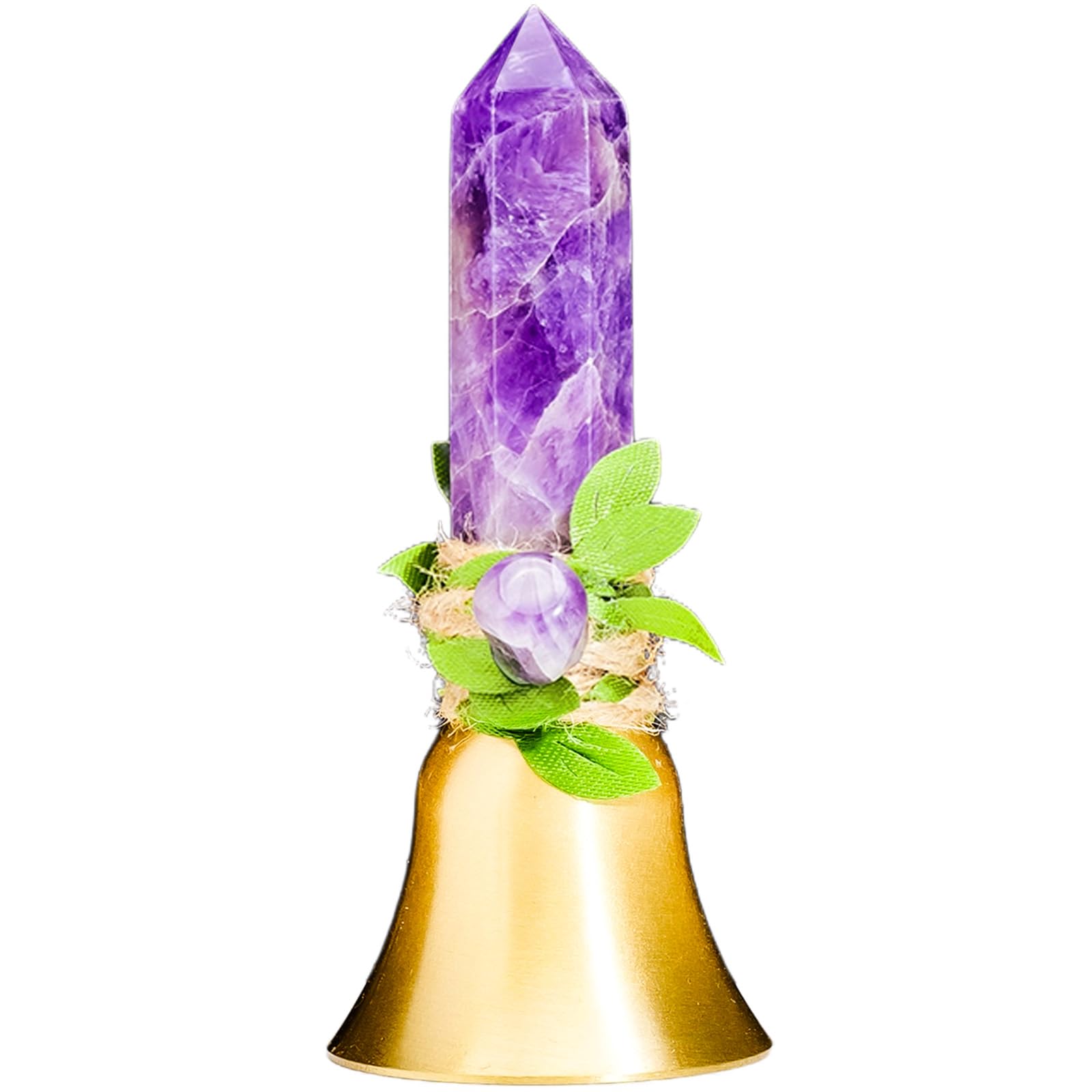 Handbells Altar Bells Natural Amethyst Tower Bell Witch's Bells Hand Bell Loud Brass Call Bells for Meditation, Prayer, Reception, Pet Feeding and Home Decoration (Leaf-Amethyst, 4.53")