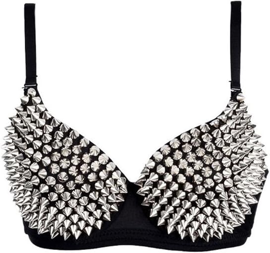 Punk Dancing Performance Gold Metallic Rivets Studded Strappy Bra Women Sexy Bras (S, Silver)