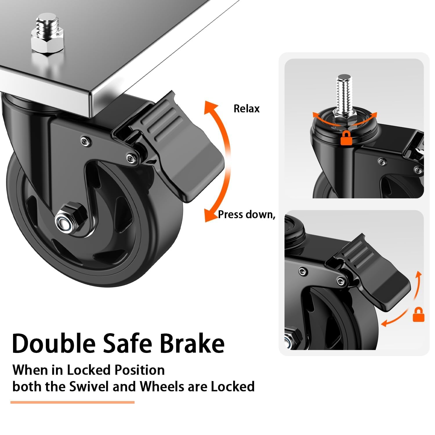 Zestaw kółek 4,3 cala z gwintowanym trzpieniem, 3/8"-16 x 1 (średnica trzpienia 3/8", długość trzpienia 1"), wytrzymałe kółka z hamulcem, blokowane kółka obrotowe, czarne