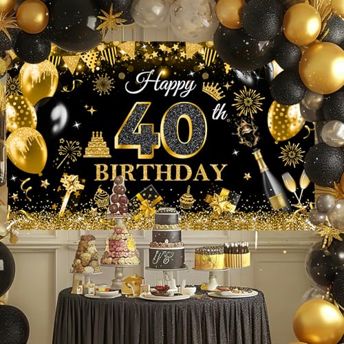 Image of Avezano Happy 40th Birthday Banner for Men Black and Gold Glitter Balloon 40 Birthday Party Backdrop 40 Year Old Bday Photo Backdrop Party Supplies 70.8 x 43.3 Inch