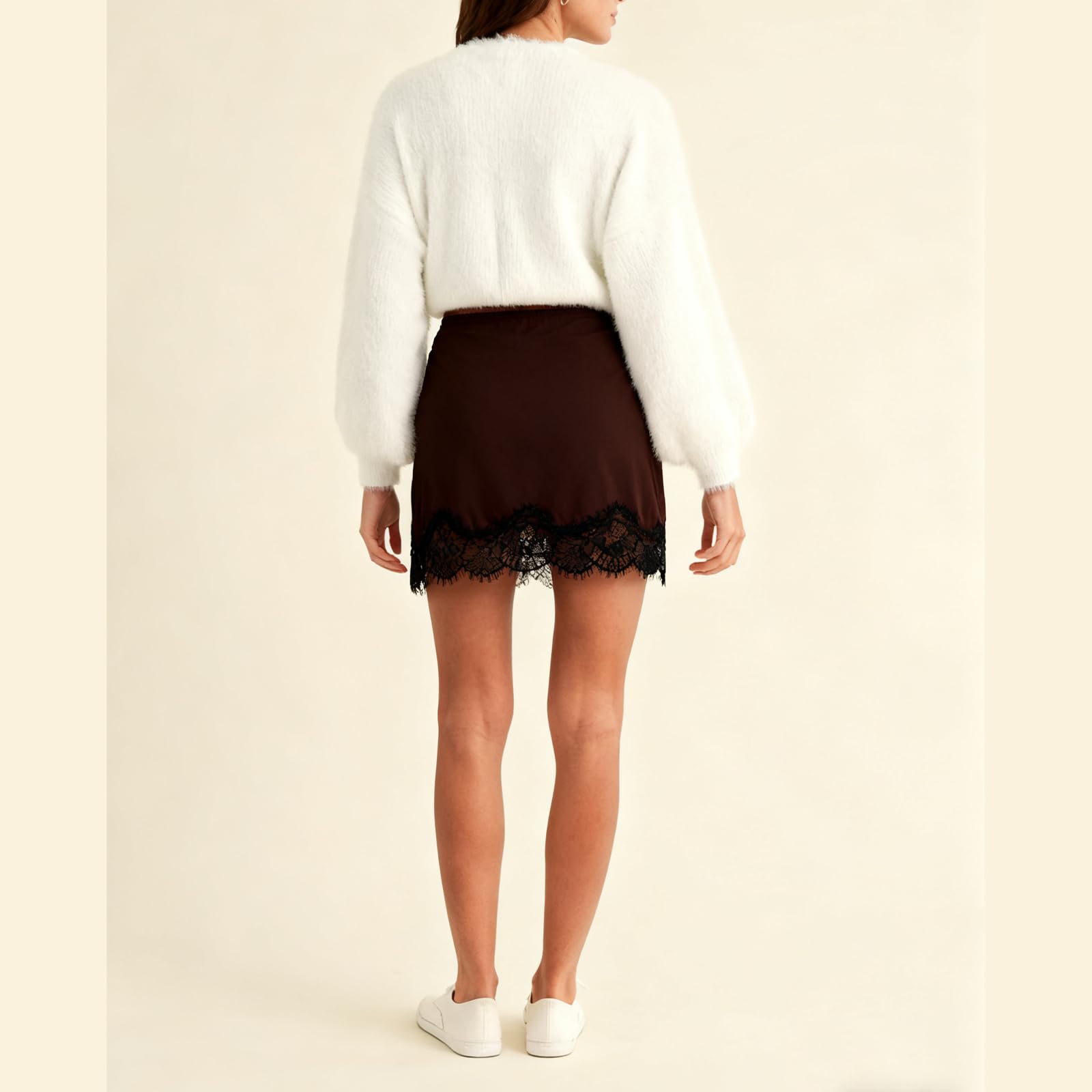 Sexy Outfit Damen-Halbslip aus Satin mit Spitzenbesatz, elastischer Taille, kurzer Unterrock, Petticoat für Unterkleider, weicher Slip-Rock in den britischen Größen 6–24