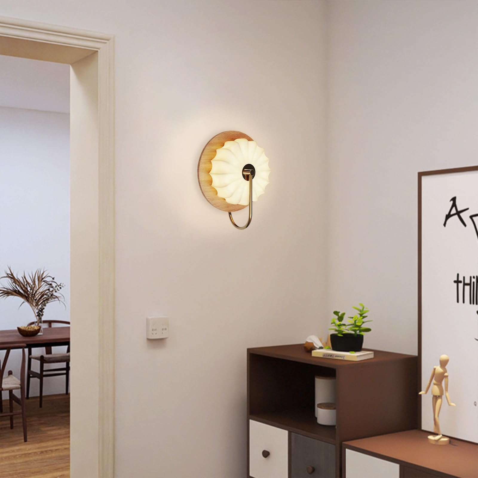 Applique da Parete Rustica in Legno con Paralume in Tessuto, Luce LED da 18W con 3 modalità di Temperatura.