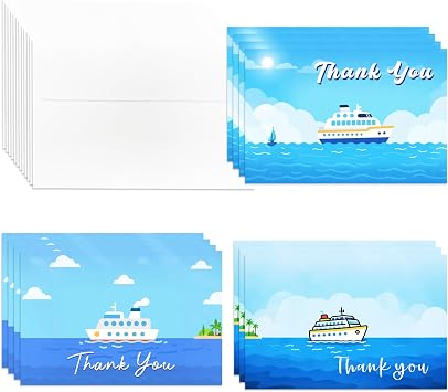12 Cruise Thank You Cards with Envelopes, 4x6 Inch Cruise Ship Blank Greeting Cards and Envelopes, Thank You Notes with Envelope, Nautical, Travel, Party