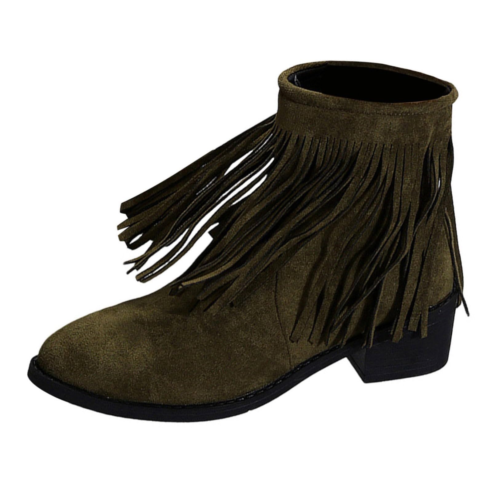Cowboy Boot Fringe Pointed Toe Side Zipper Western Boots Low Chunky Heel Cowgirl Booties Suede Comfortable Western Combat
