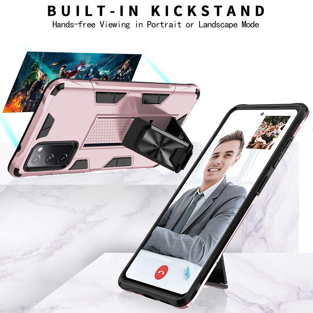 Dionsibei Cellular Phone Case for Samsung Galaxy S20 FE 5G, Heavy Duty Shockproof Cover with Built-in Kickstand, Rose Gold