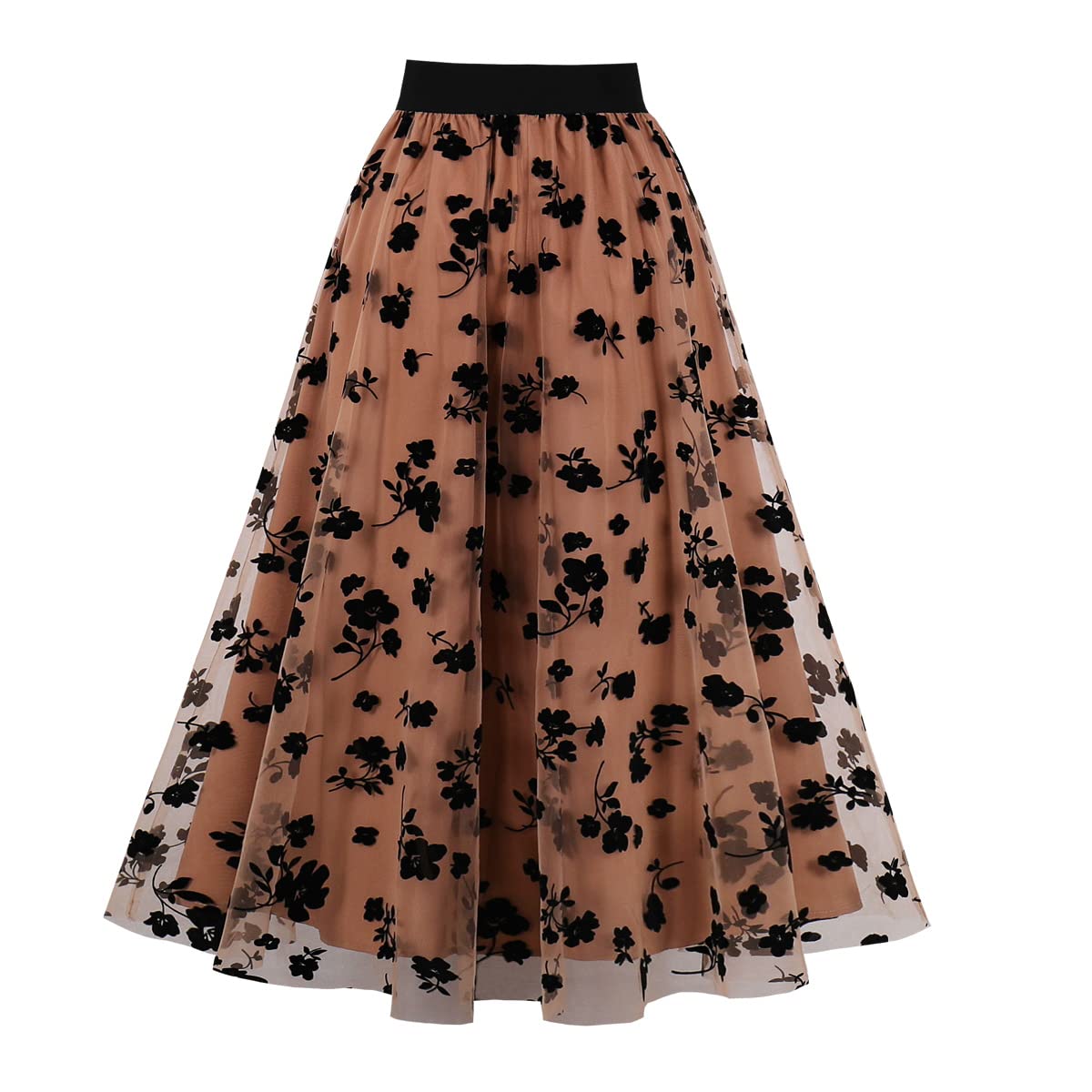 Odizli Rockabilly, gonna in tulle da donna, stile vintage, elasticizzata, a vita alta, con stampa a cuore, linea A