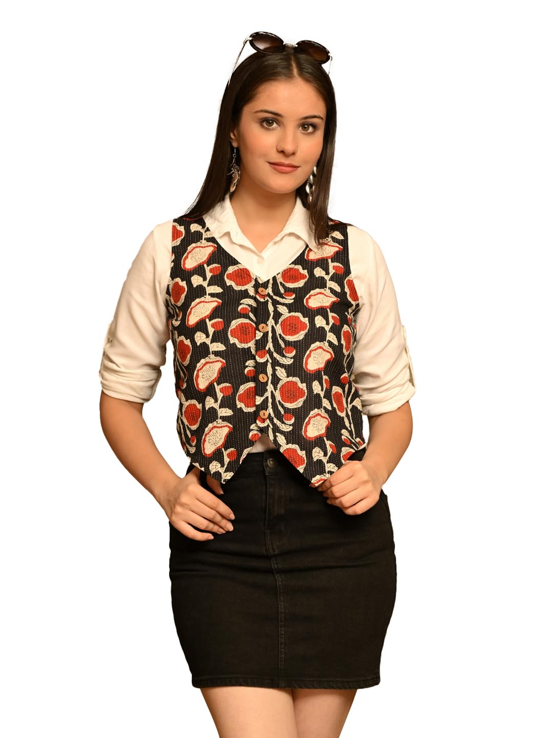 deckedup Women's Printed Cotton Sleeveless Ethnic Jacket | V-Neck Front Button Short Jacket for Women | Casual Summer Layer | Asymmetrical Hem-picture-22