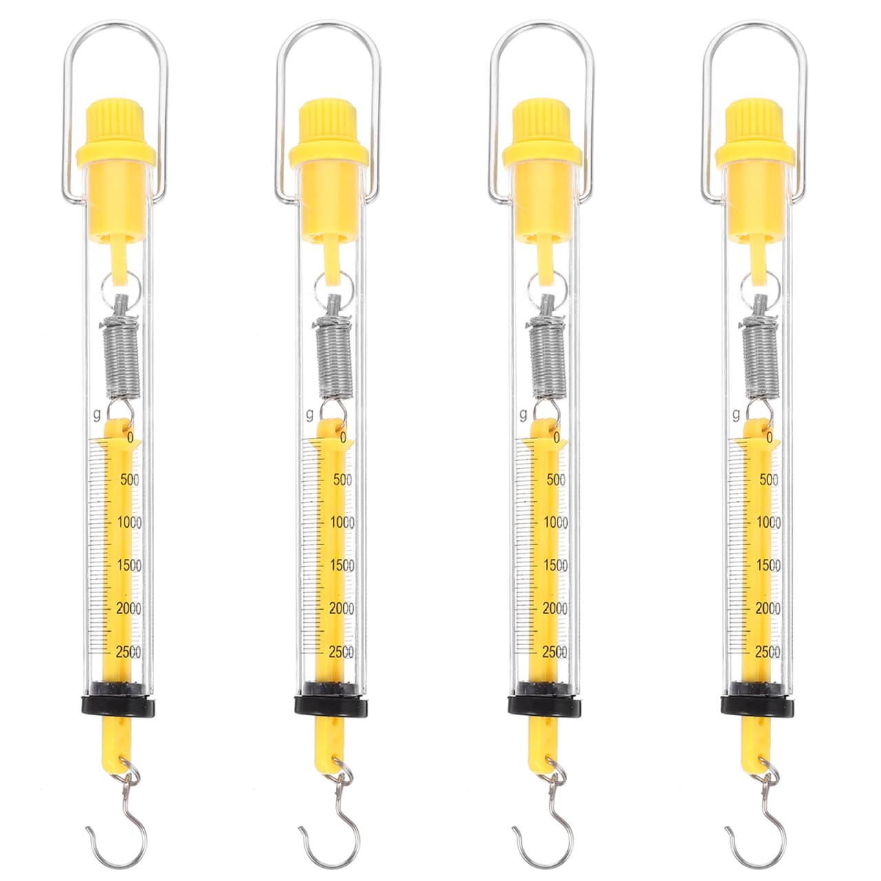 Báscula de resorte de plástico, 2,5 kg, portátil, para colgar, Newton, medidor de fuerza, con gancho para profesores, estudiantes, laboratorios, 4 unidades