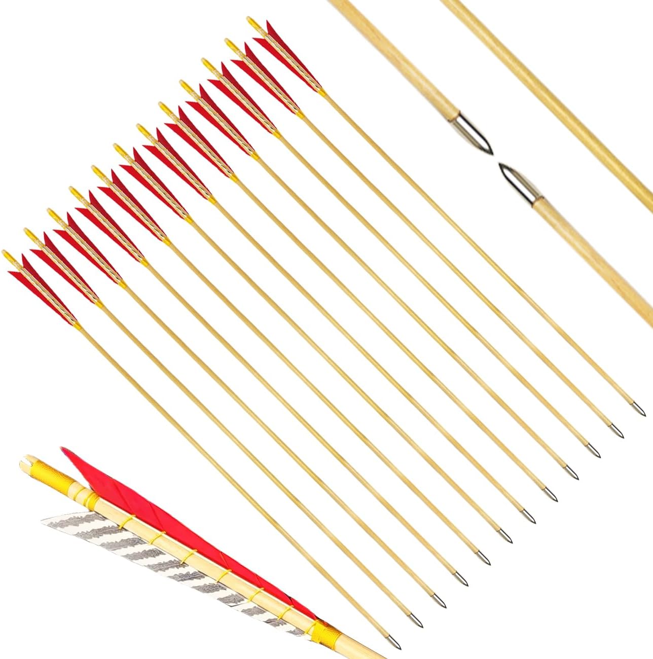 32" Archery Wooden Target Practice Arrows with 5.9" Medieval Turkey Feather Fletching for Recurve &English & Traditional Longbow Hunting (Pack of 12) White&Red