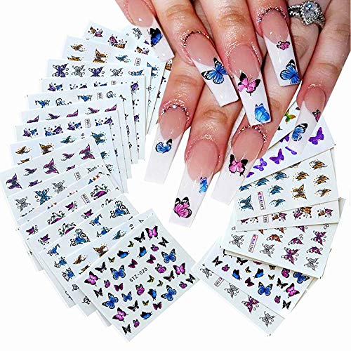 30PCS Butterfly Nail Art Decals Stickers Colorful Printing Butterflies for Nails Butterfly Design Nail Foil Water Transfer Romantic Nail Butterflies Sticker for Acrylic Nails Design Kit