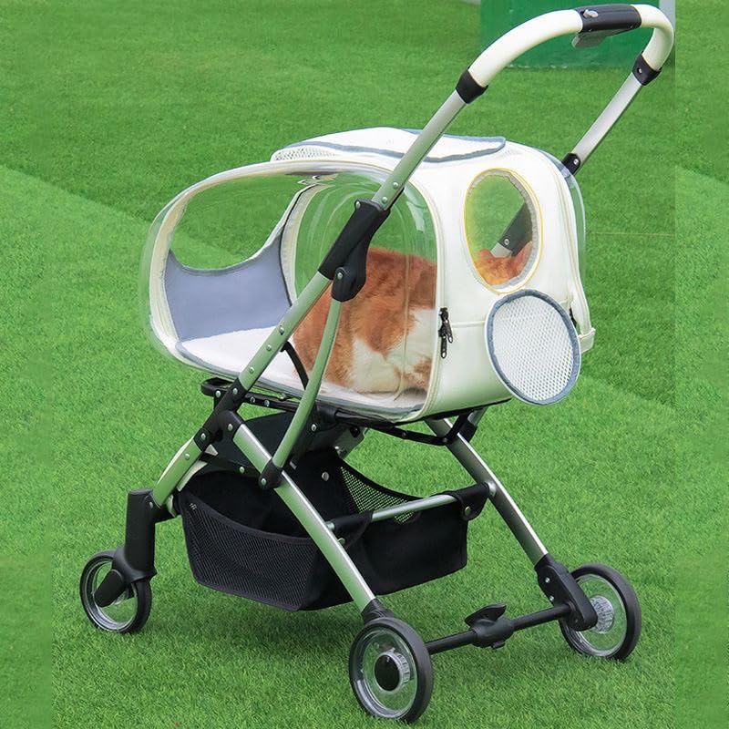 Portable Pet Stroller for Cats, Foldable Lightweight Design, Transparent Detachable Carrier, White Frame with Black Base, 27.56x14.96x40.55 Inches