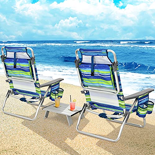 Image of Giantex Folding Beach Chair, Patio Sling Chairs with 5 Adjustable Position, Head Pillow, Storage Bag, Towel Bar, Cup Holders, Backpack Chairs for Sunbathing, Camping Chair