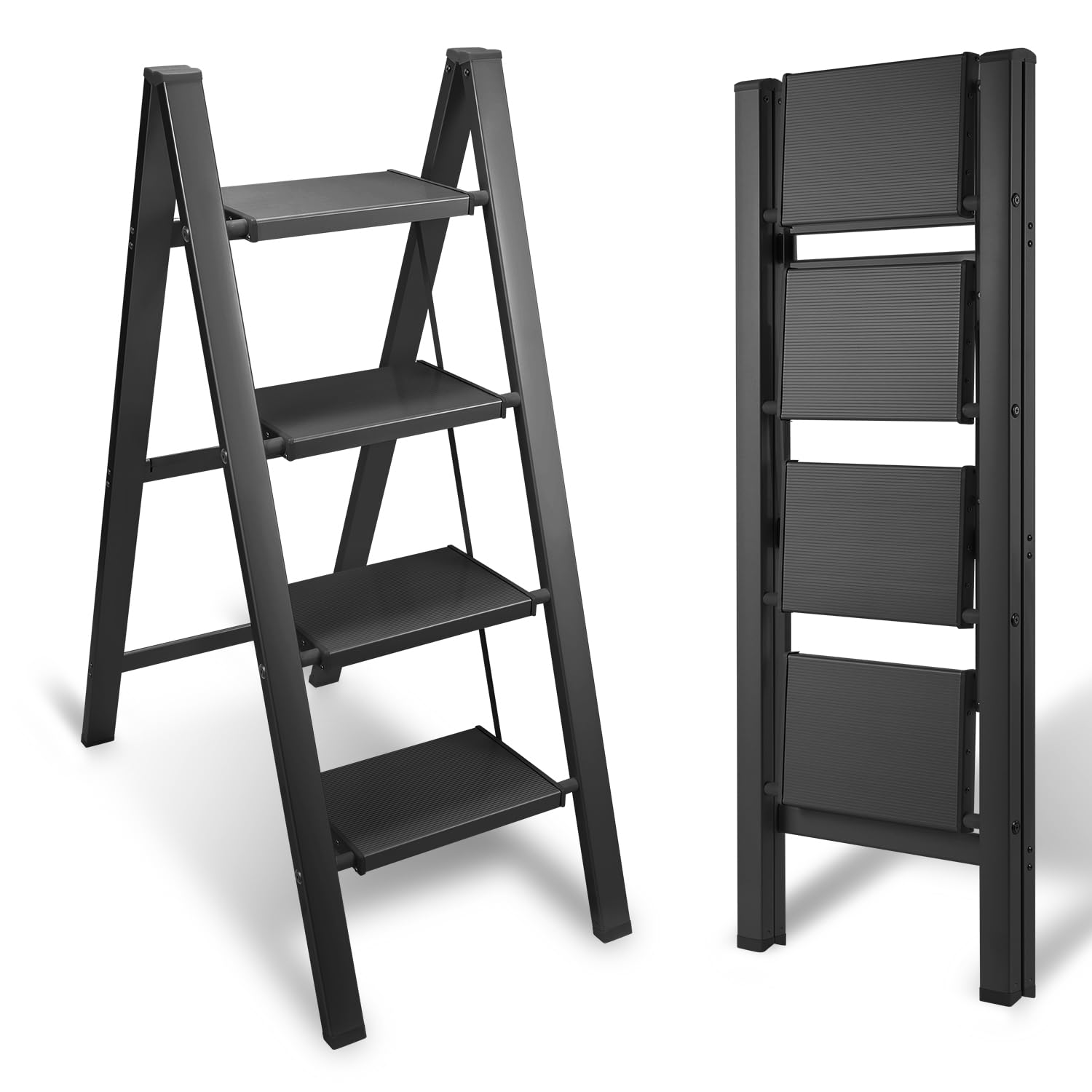 Eulenke Scala pieghevole a 4 gradini, in alluminio, pieghevole, leggera, scaletta a 4 livelli, scala antiscivolo con fusibile pieghevole, scala pieghevole per casa, cucina, portata fino a 150 kg,