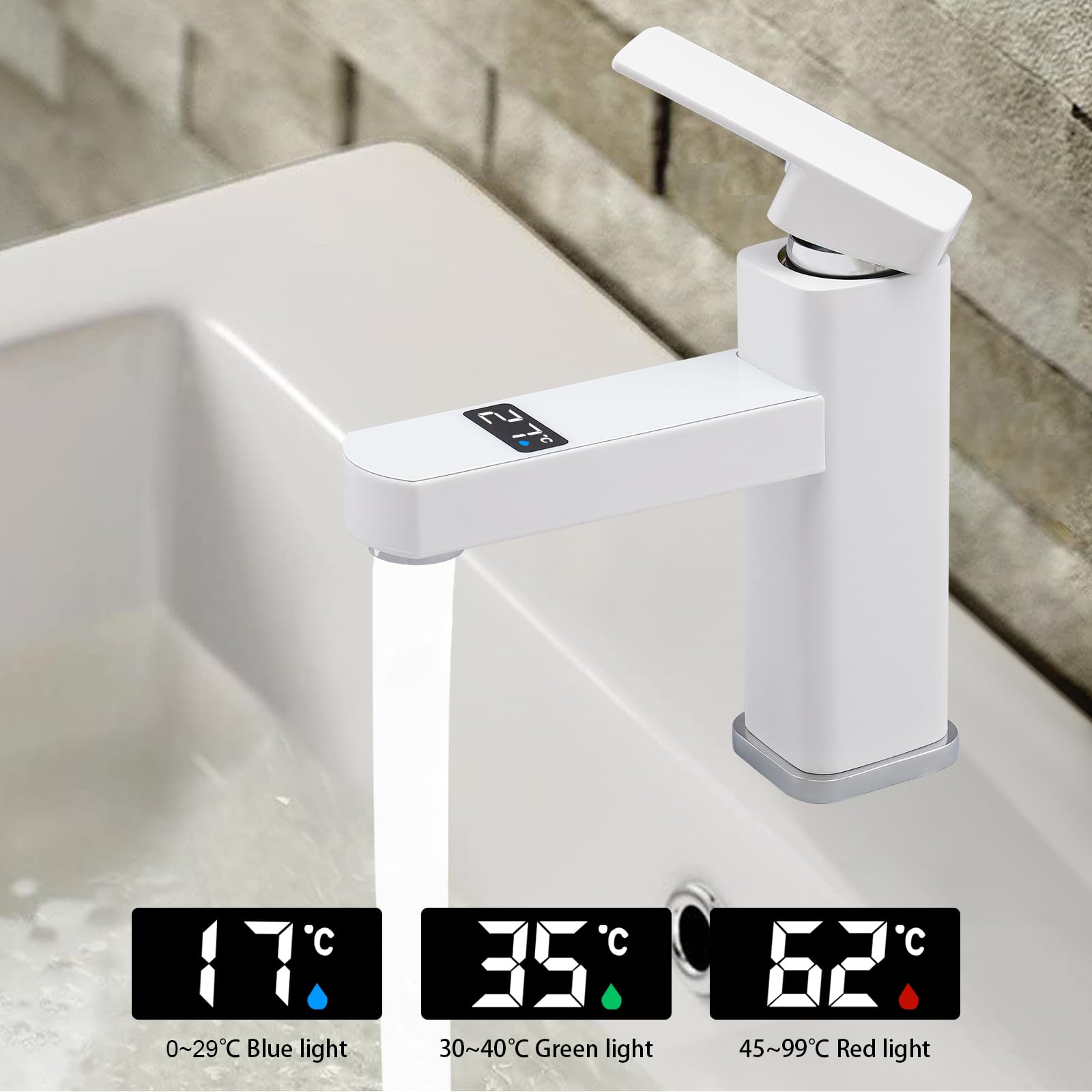 Cyfrowy kran ze wskaźnikiem temperatury LED, jednouchwytowy mikser do ciepłej i zimnej wody, wkład ceramiczny, perlator powietrza, przyłącze G1/2", do kuchni, łazienki, umywalki – biały