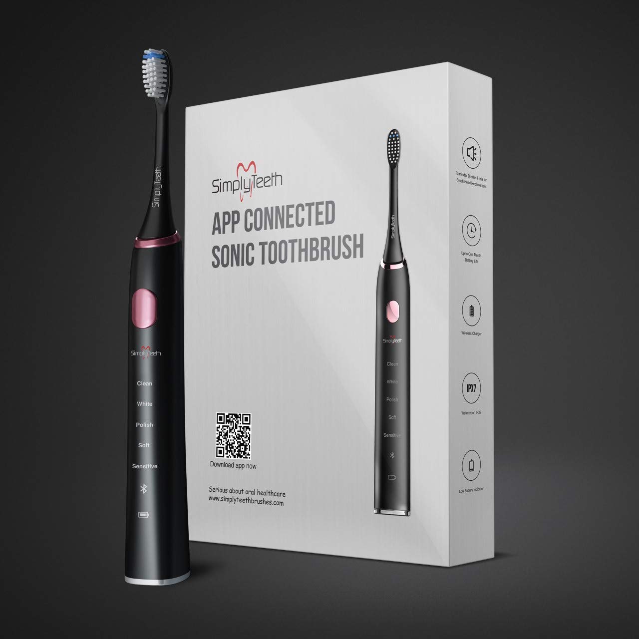 SimplyTeeth App-Enabled Sonic Electric Toothbrush with Bluetooth Technology, USB Rechargeable, 5 Brushing Modes, Works with iOS or Android Devices - Black with Rose Gold Features