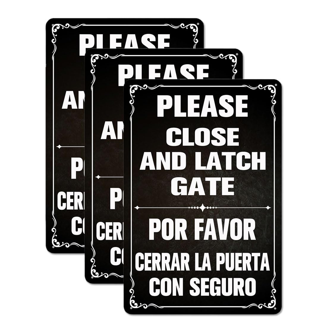 3 Pack 8x12 Inch Aluminum Please Close and Latch Gate Sign Bilingual English Spanish Metal Signs, Indoor/outdoor Use, Weather Resistant, Waterproof, Durable Ink