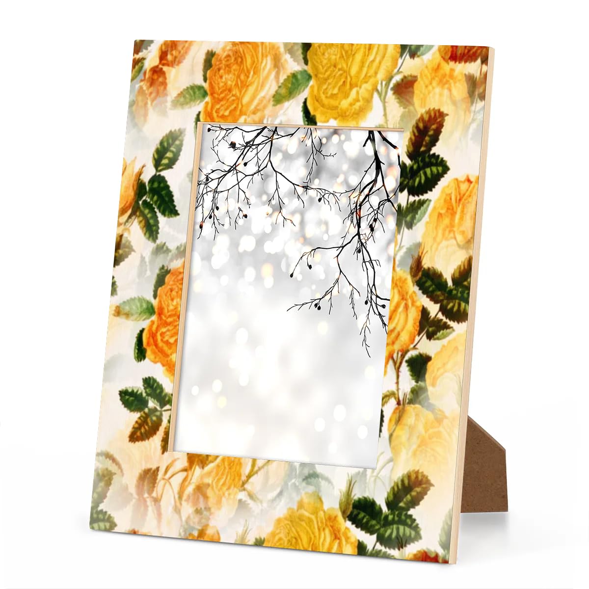 XMNYGJ Roses Yellow Picture Frames Small 4x6 Inch Wooden Photo Frame Vertical Horizontal Gallery Wall Frames for Tabletop Display Wall Hanging Frames