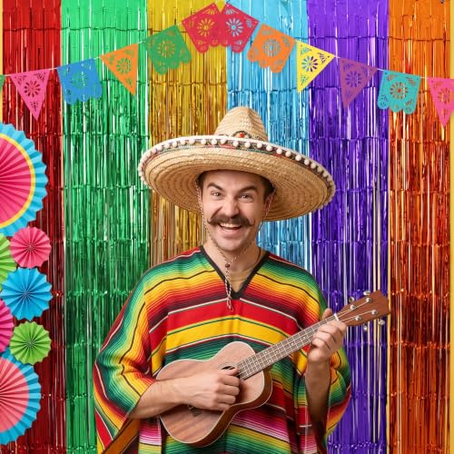 Image of TONIFUL 2Pcs Multicolor Metallic Tinsel Foil Fringe Curtain Door Streamer | 3.3ftx6.6ft Photo Booth Backdrop Tinsel Streamer Curtain, Props for Taco Cinco de Mayo Party Birthday Baby Shower Decorations