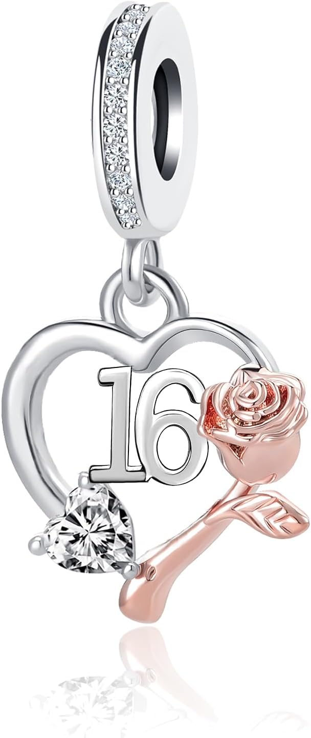 Happy Birtday Number 13/16/18/21/30/40/50 Heart Charm White Birthstone Bead Compatible with Pandora Bracelet Gift for Women
