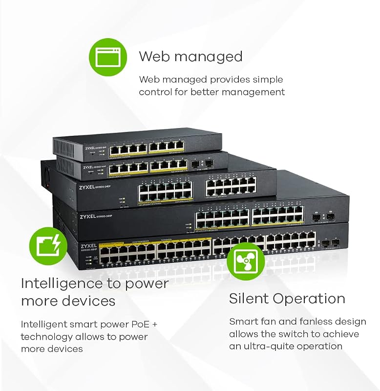 Zyxel GS1900-24 Smart Managed 24-portos Gigabit Switch - Rack Mountolható, Ventilátor Nélküli, VLAN, IGMP, QoS Támogatással