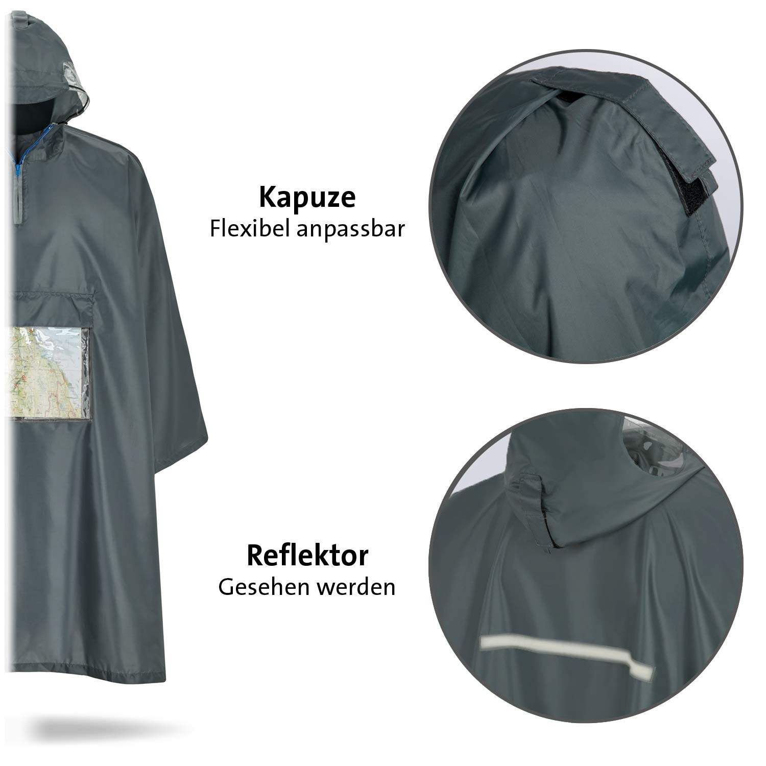 STANDWERK - Poncho impermeable para senderismo con bolsillo transparente en el pecho, capucha, ventana de visión, chubasquero adecuado para hombre, mujer, con mochila, impermeable, exterior, innovador
