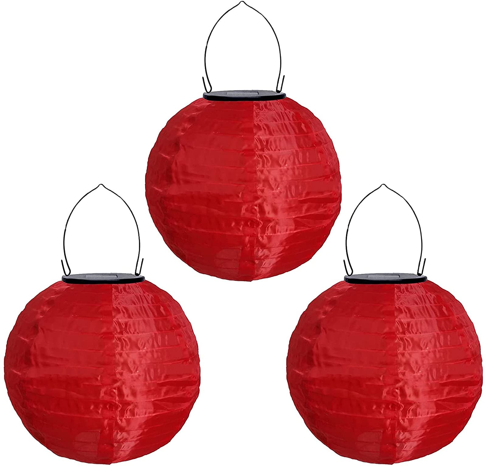 Yeehliny Solar Lampions Außen Wetterfest Solar LED Laterne Wasserdicht Nylon Garten Laterne Solarlaterne für außen Hängend Solarlampiongs Runder Lampenschirm Garten Deko Außendeko (30cm/3PCS/Rot)