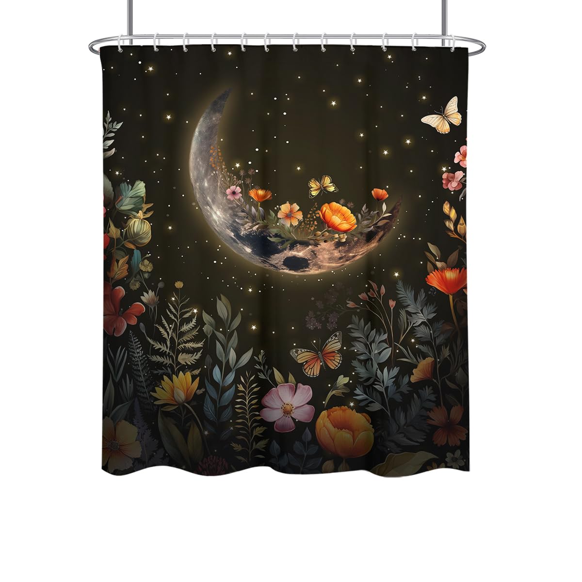 RTFEVG Moon Shower Curtain Witchy Celestial Gothic Goth Whimsical Dark Black Floral Moody Hippie Trippy Space Galaxy Cottagecore Moonlit Fabric Cloth