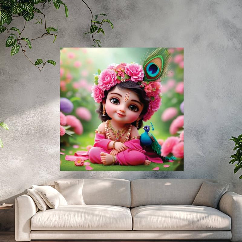 Image of British Terminal Cute little Bal Gopal Baby God Krishna| Kanha Ji | Laddu Lord Makhan Chor Painting Religious Poster for Pregnant Women for wall (matt thin vinyl,sticker,multicolor,unframed)| bj157