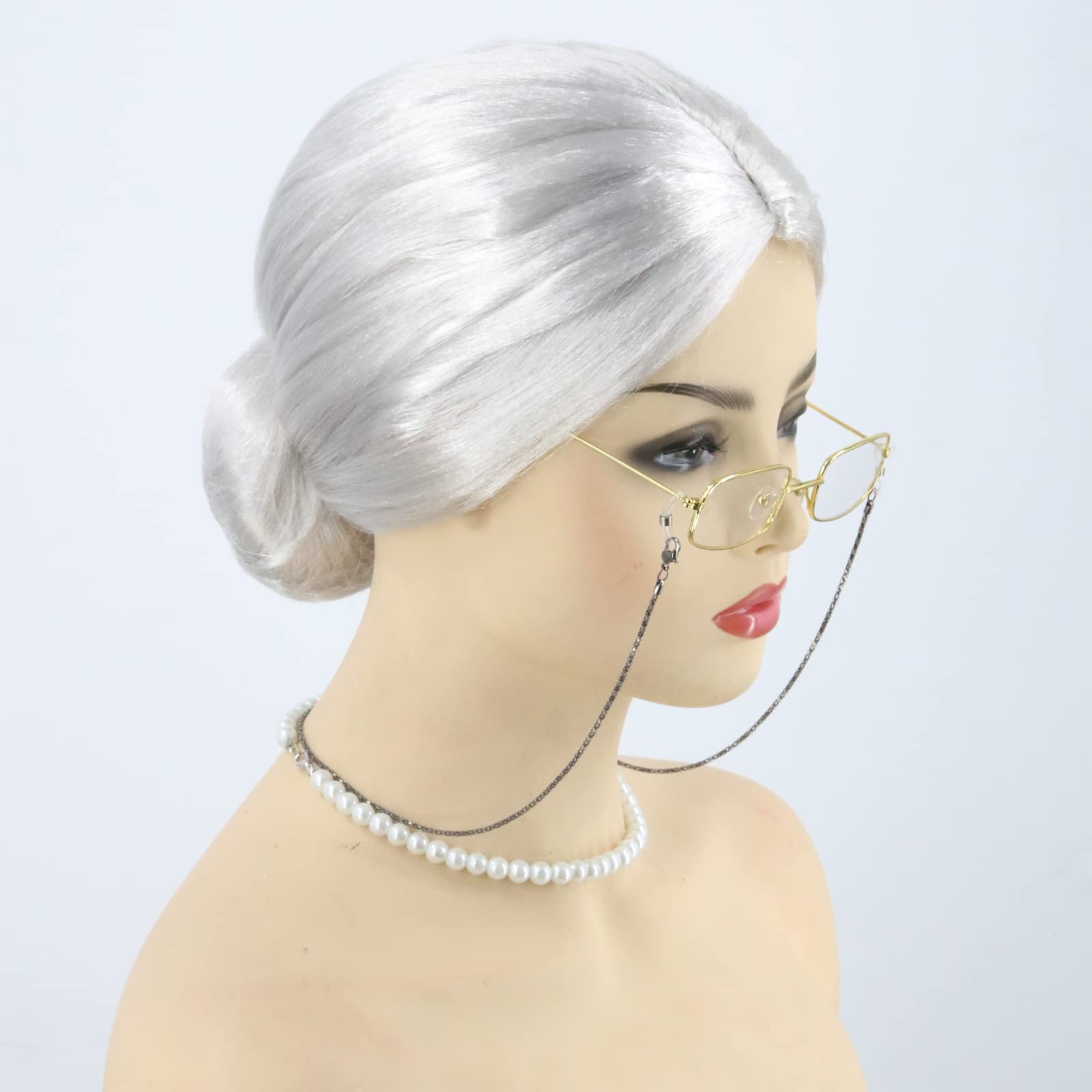 Topcosplay 3pcs Grandma Wig with Pearl Necklace and Glasses Old Lady Costume Set Adults Granny Grey Wig for Halloween Cosplay (White) - Image 3