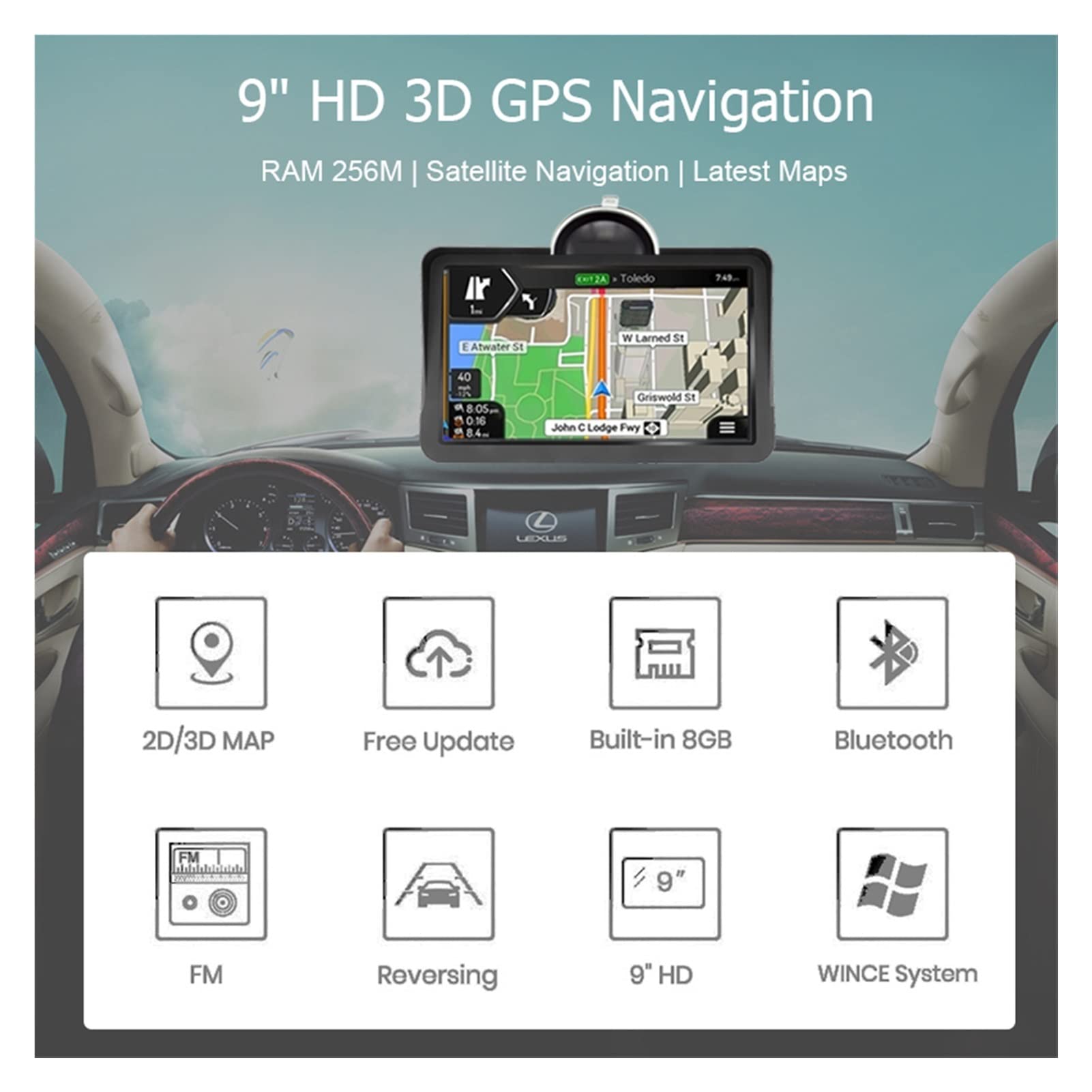 Cyfrowa kamera cofania RV Monitor widoku z tyłu Samochód GPS. Nawigator 9-calowy ciężarówka nawigacyjna GPS GPS. Nawigacja Fm. Darmowa mapa nadajnika (Size : With Bluetooth)