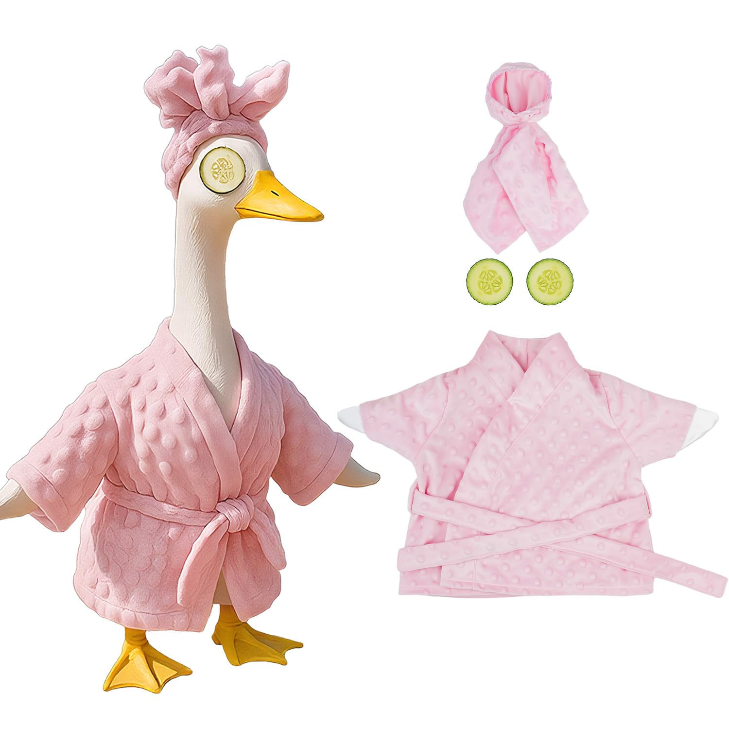 Photo 1 of **MISSING PARTS**Lady Porch Goose Outfit Set with Bathrobe Shower Cap Cucumber Eye Mask Cute Goose Clothes for 23" Cement Plastic Lawn Statue Halloween Christmas Birthday Outdoor Garden Yard Patio Decoration(Pink)