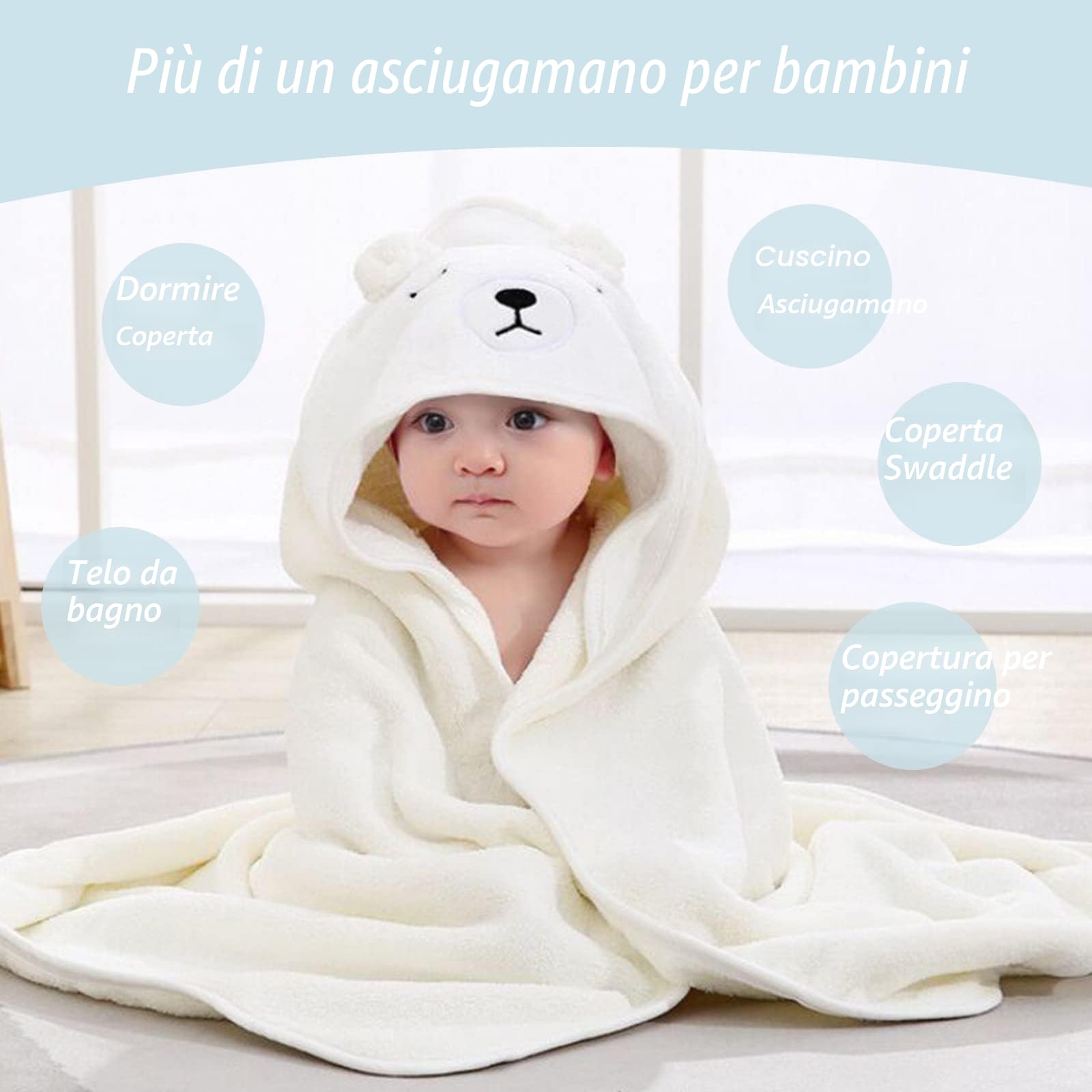 2Pz Accappatoio Neonato, 80x80cm Asciugamani Con Cappuccio Per Bambini, Accappatoio Neonato con Cappuccio Extra Morbido e Super Assorbente per Neonati e Bambini 0-3 Anni