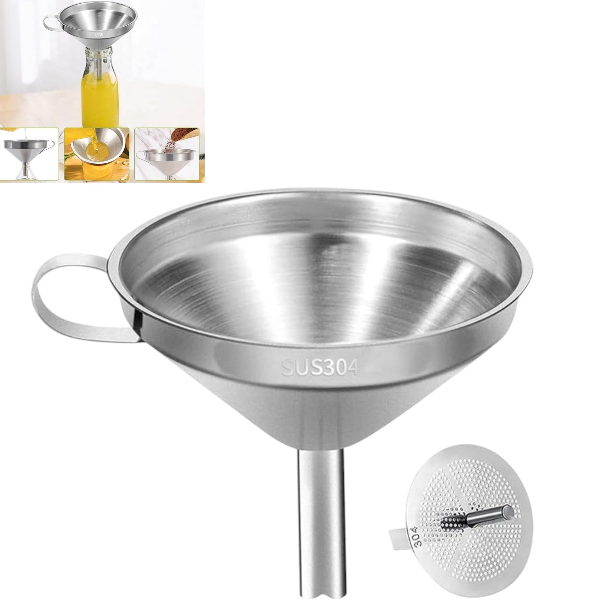 13 CM / 5.1"inch 304 Grade Stainless Steel Funnel Food Grade Metal Funnel with Strainer for Filling Bottles Transferring Essential Oils, Liquid, Fluid, Dry Ingredients & Powder