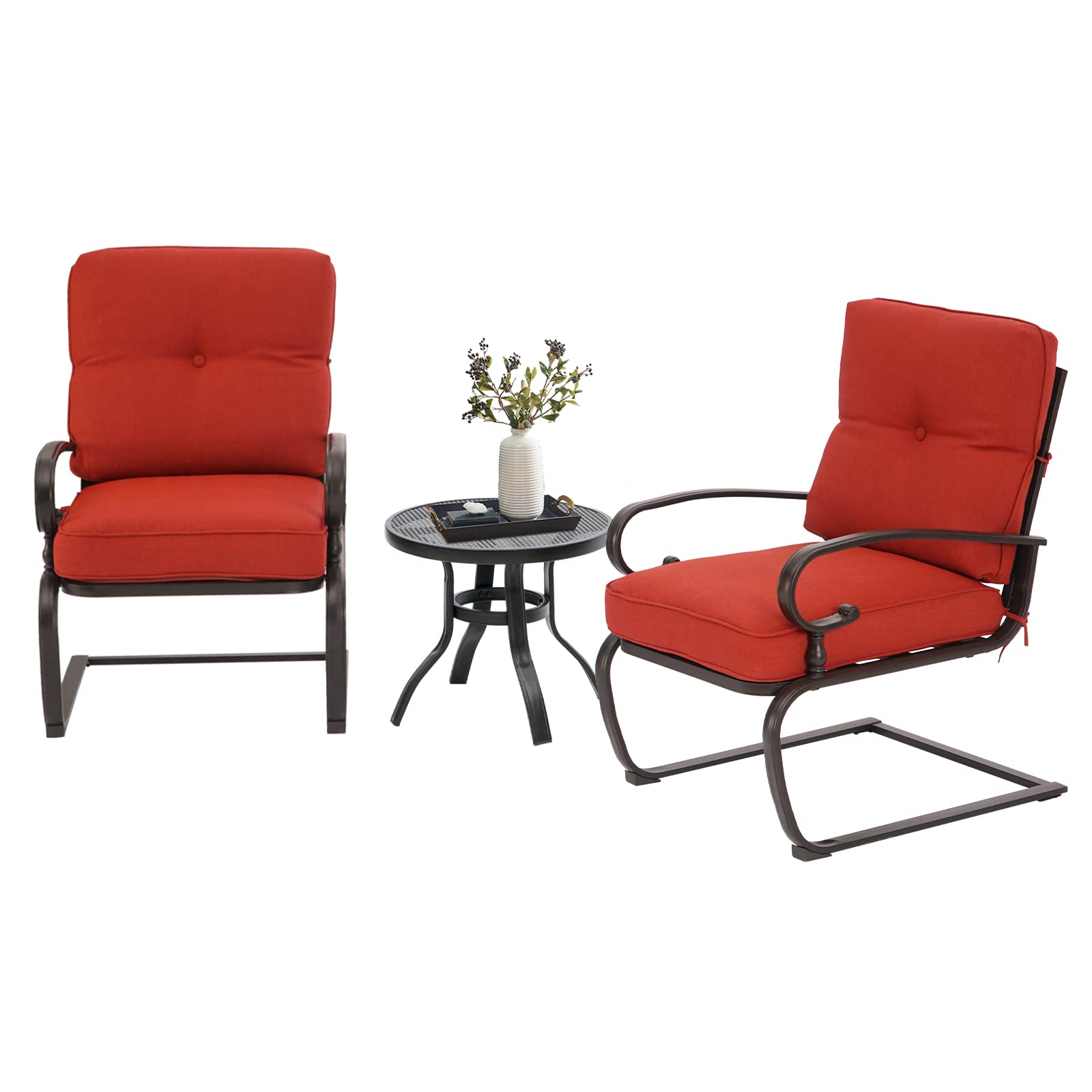 Oakcloud Outdoor Bistro Set 3-Piece Spring Metal Lounge Cushioned Chairs and Bistro Table Set Wrought Iron Cafe Furniture Seat, Red