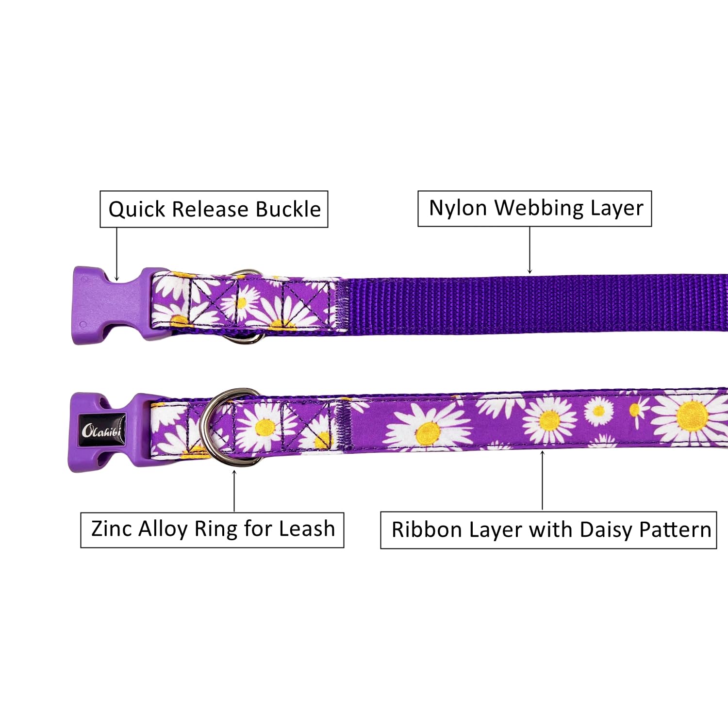 Olahibi Basic Dog Collar, Nylon Webbing Plus Cotton Ribbon, Daisy Pattern, for Small Dogs.(S, Purple Daisy) - Image 3