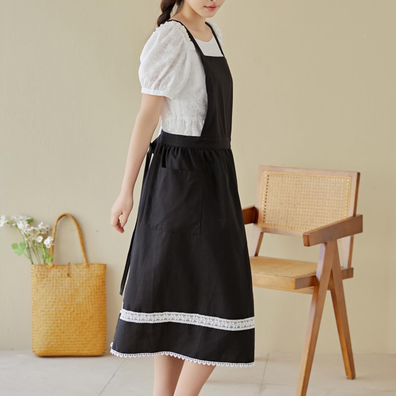 Fartuch Damski Fartuch Lniany Bawełniany Krzyż Na Plecach Z Kieszeniami Sukienka Pinafore Dla Szefa Kuchni Ogrodnictwo Gotowanie Malowanie Black,One Size