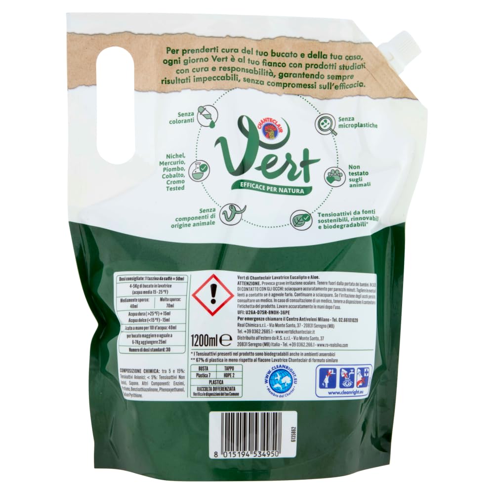 CHANTECLAIR VERT Detergente líquido Lavatrice eucalipto y aloe – Detergente ecológico Extra quitamanchas – 30 lavados, bolsa de 1200 ml + llavero Beni Culinari gratis