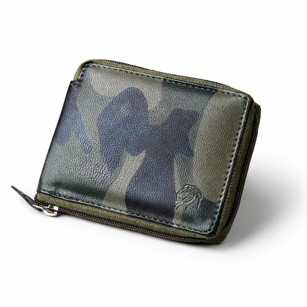 VEMILIO Round Zipper Wallet for Men & Women | Vegan Leather Compact Wallet with 1 Coin Pocket | 3 Card Slots | 2 Cash Compartments & 2 Hidden Pockets | Slim PU Leather Zip Wallet (Camouflage)-image-45