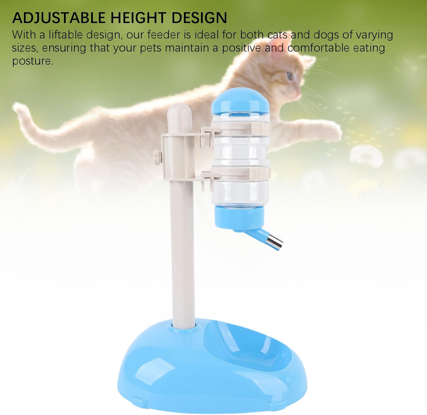 Cryfokt Pet Standing Water Dispenser, Plastic Height Adjustable 500ml Capacity Dog Water Bottle Dispenser Automatic Dog Feeding Station Food for PuppyBowl (Blue)