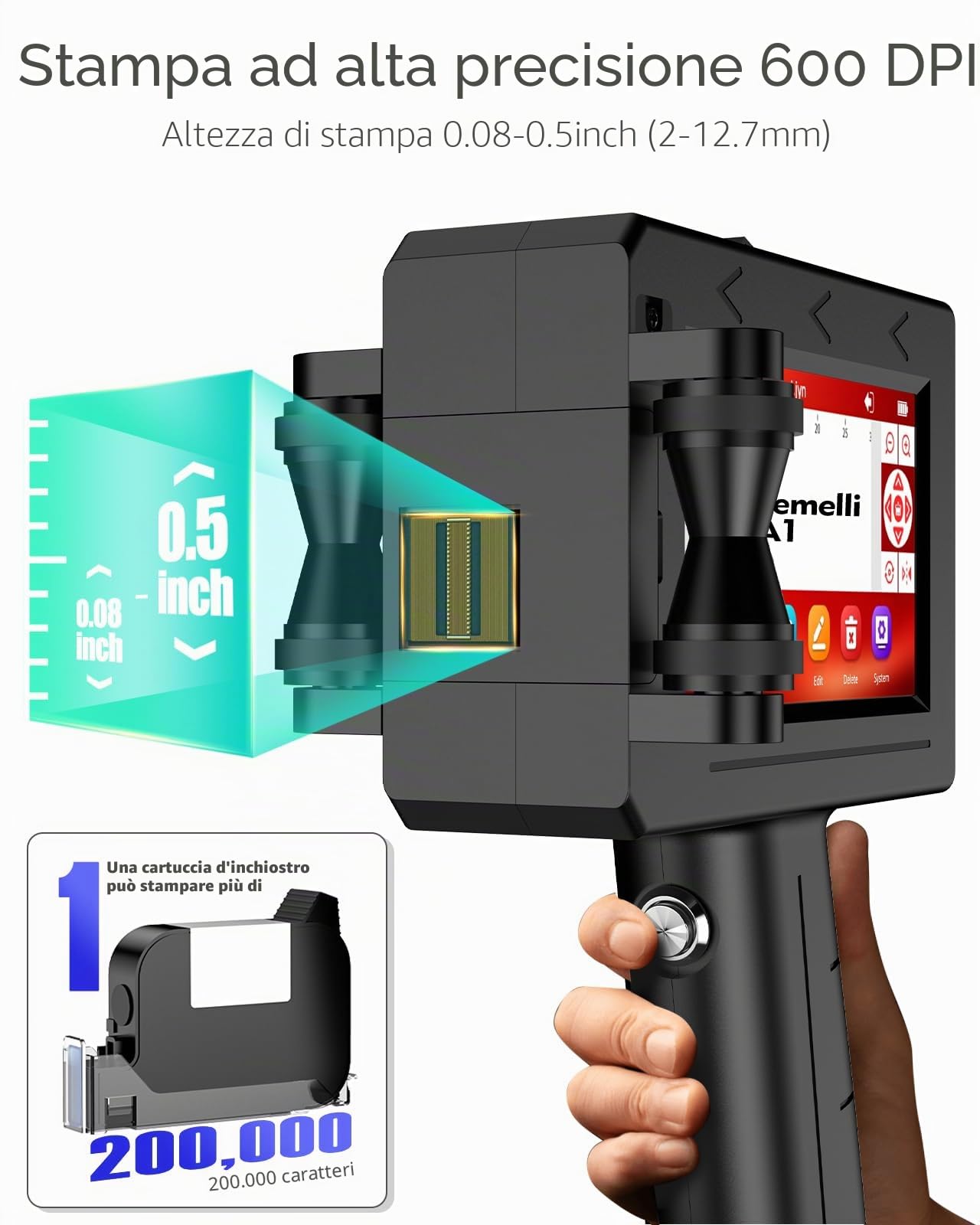A1 Stampante Palmare Portatile,Stampante a Getto D'inchiostro con Touch Screen da 4,3 Pollici per Logo/Immagine/Data di Produzione/Numeri/Lotto/Codice QR/Codice a Barre(Altezza di stampa 2-12,7 mm)