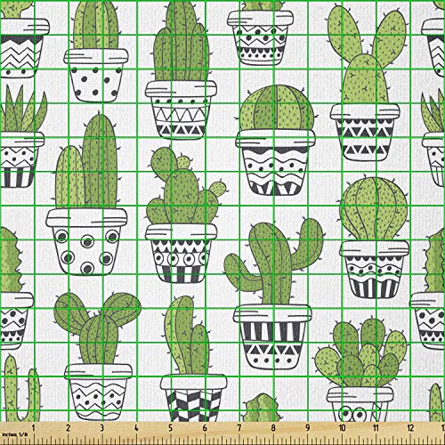 Image of Ambesonne Cactus Fabric by The Yard, Succulent Spiky Cacti Doodle Patterned Pots Exotic Houseplants, Stretch Knit Fabric for Clothing Sewing and Arts Crafts, 1 Yard, Grey Apple Green