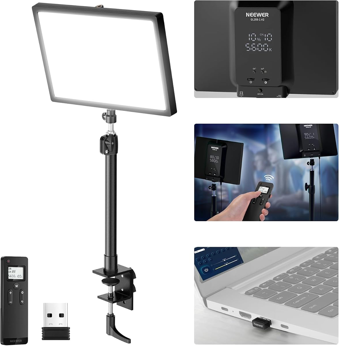 25W 12.9" Streaming Key Light with Desk Stand/2.4G Remote/USB Transmitter, PC/Mac APP Control 2300Lx/0.5m 2900-7000K CRI98+ Dimmable Edge Lit Video Panel Light for Webcam Laptop Zoom, GL25B | USB Transmitter, PC/Mac APP Control, 2300Lx/0.5m, 2900K-7000K CRI98+ Dimmable Edge Lit, Webcam Laptop Zoom Video Panel Light