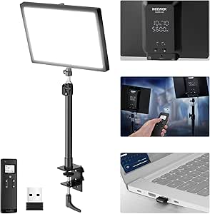 NEEWER GL25B Key Light for Streaming, 2.4G &amp; PC/Mac APP Control 25W 1400lm 2900K-7000K CRI98+ Dimmable Edge Emitting Ultra Quiet Webcam Video Light with Desk Stand, 2.4G RT100 Remote &amp; USB Transmitter