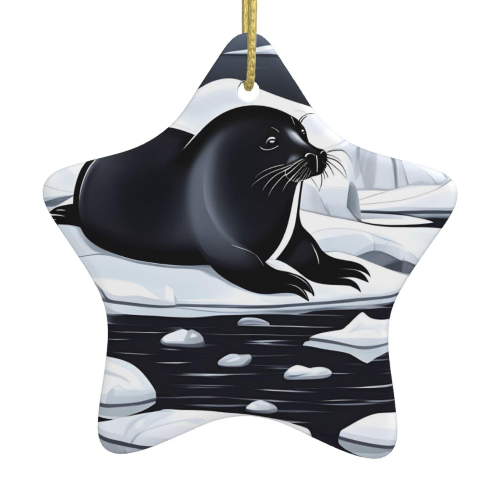 Seals on ice Christmas Ceramic Star Pendant with Punched Holes and Gold Wire Rope, Christmas Tree Home Decoration