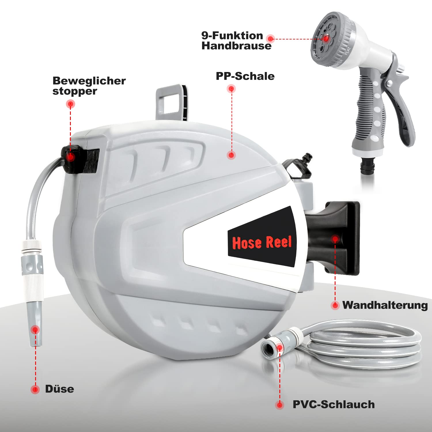 Enrouleur de tuyau d'eau 30 + 2 m avec support mural/douchette/matériel de montage, enrouleur automatique, tuyau d'arrosage, enrouleur de tuyau mural, gris