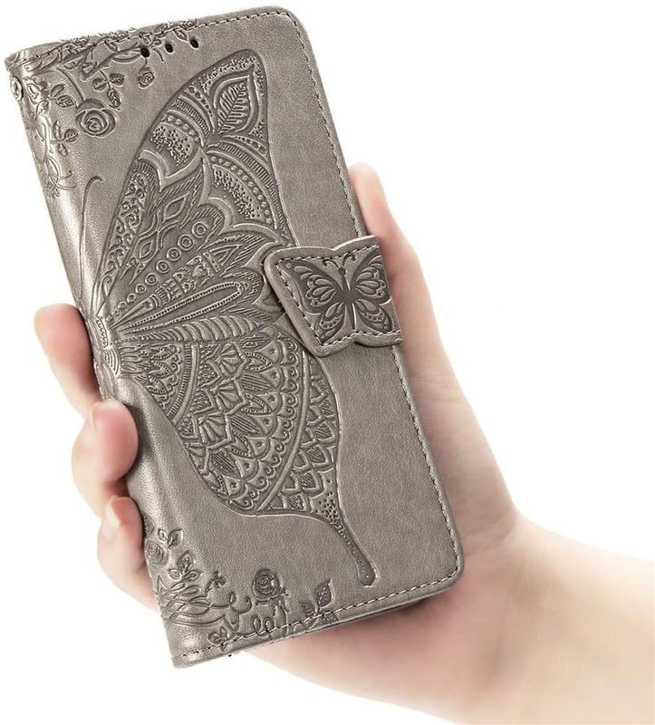 Image of ClickCase Butterfly Series for Redmi Note 15 Pro 5G Leather Embossing Wallet Flip Case Kick Stand Magnetic Closure Flip Cover for Redmi Note 15 Pro 5G (Grey)