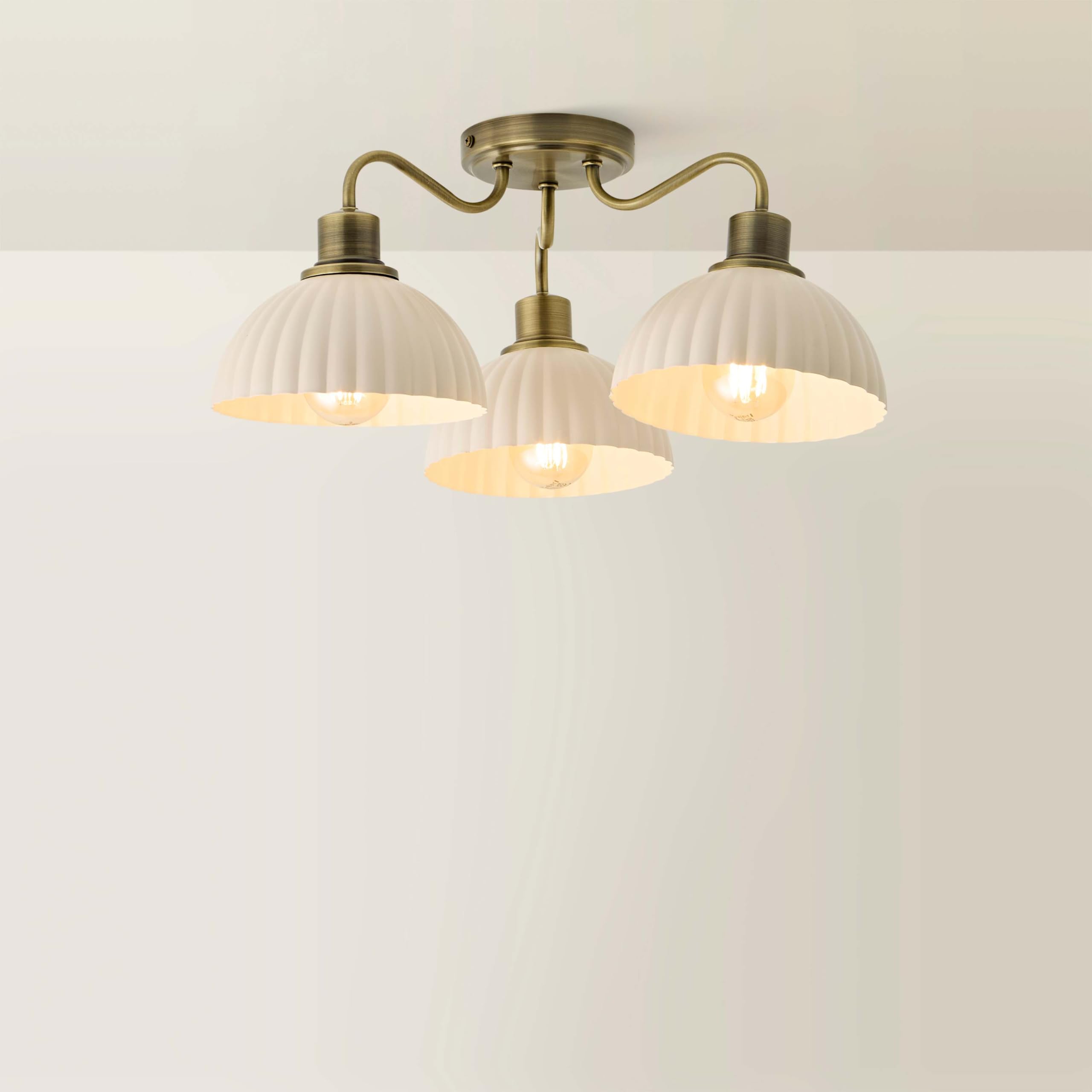 Valuelights Unisex Gold Bourton Cream Ribbed Dome 3 Arm Ceiling Pendant Light W/ Bulbs In