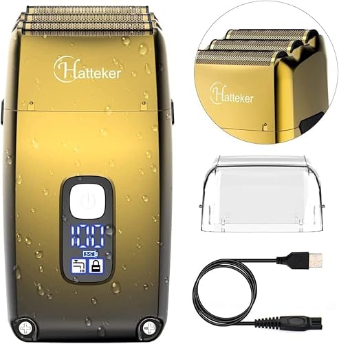 Hatteker Triple Blades Folienrasierer Elektrorasierer Rasierer für Männer Close Glatze Barber Shaver Trimmer Wasserdicht Wet & Dry, Kabellos, Gold Cover